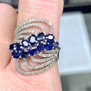 Vintage 14k White Gold Sapphire & Diamond Curved Cluster Cocktail Ring